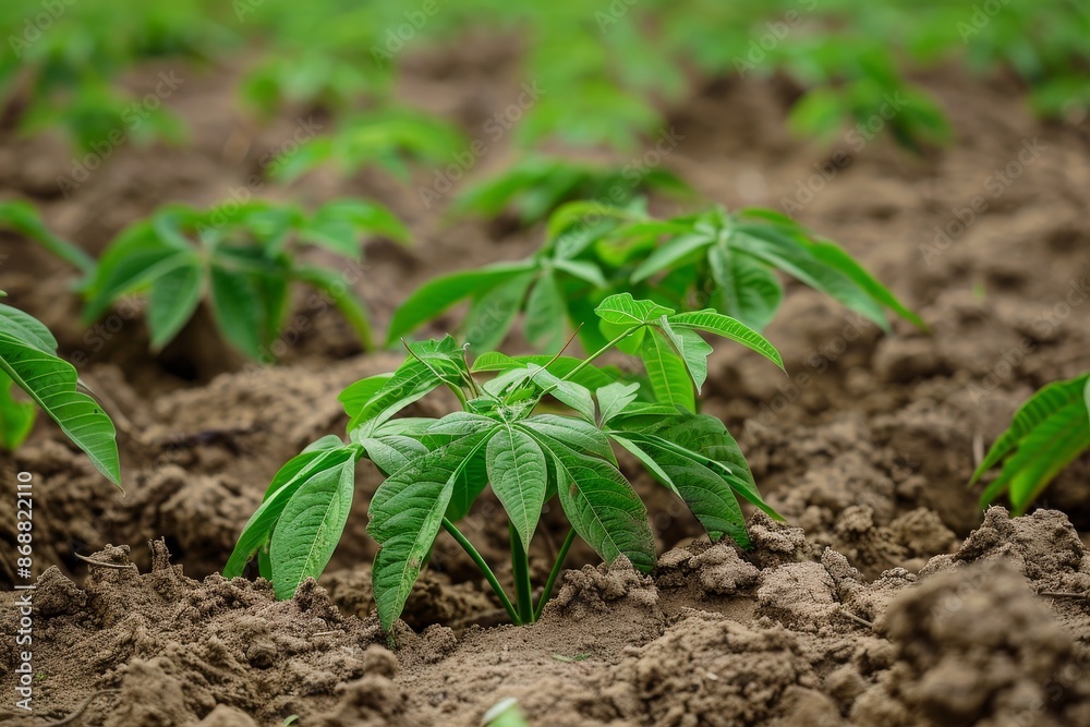 Wall mural Young cassava plant in field with lush green leaves focused