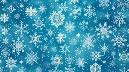 An pattern of various snowflakes on a light blue background, creating a delicate and festive design