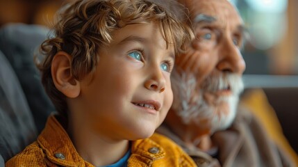 A poignant image showing a child and an elderly man sharing a glance, representing the deep affectionate bond and generational connection that transcends words in the family.