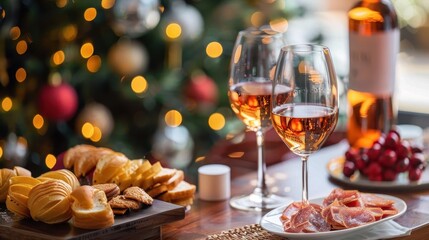 Naklejka premium A close-up shot of a festive holiday table featuring two glasses of wine, a selection of cheeses, and a charcuterie board against a backdrop of bokeh lights and a decorated Christmas tree.
