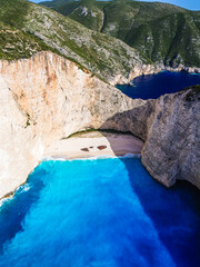Aerial view over the famous Navagio beach (Shipwreck beach) in Zakynthos island, Greece