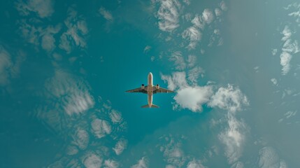 Naklejka premium A silhouette of an airplane flying overhead with a beautiful blue sky and white clouds.
