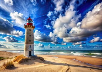 Majestic freestanding lighthouse stands tall on pristine sandy beach against vibrant blue sky with puffy white clouds and gentle ocean waves in background.