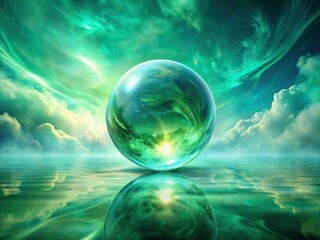 Vibrant green sphere glows with soft, ethereal light, suspended in mid-air against a mesmerizing abstract background of swirling turquoise and silver misty clouds.