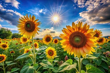 Obraz premium Vibrant sunflowers stretch towards the bright blue morning sky in a lush green meadow, showcasing delicate petals and a kaleidoscope of colorful blooms in perfect harmony.