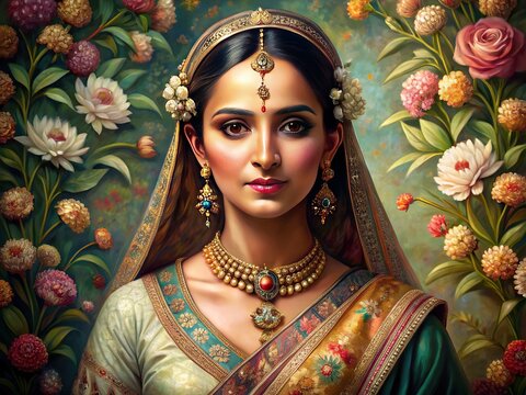 Portrait of an Indian royal family woman wearing saree and jewelry. Decorative floral background.. Mughal Style art. Generative Ai.
