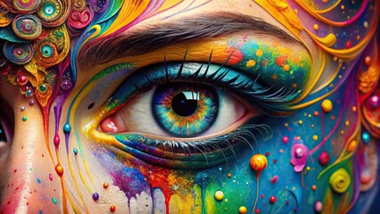 Vibrant circles and drips of paint swirl around a realistic, intricately detailed woman's eye, creating a mesmerizing, abstract, and artistic close-up composition.