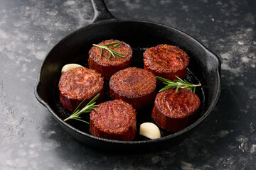 Pan grilled, plant based vegan meat steak with herbs. Alternatives meat. Eco friendly healthy food,