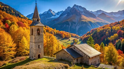 Vibrant autumn colors surround the picturesque Saint Marcellin church's bell tower in Nevache, Hautes Alpes, France, set amidst the serene Vallee de la Claree.