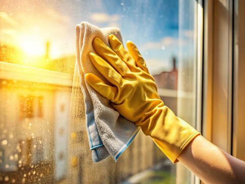 A yellow gloved hand holds a dirty rag, smudges and streaks visible on the partially cleaned window glass, sunlight casting a warm glow.