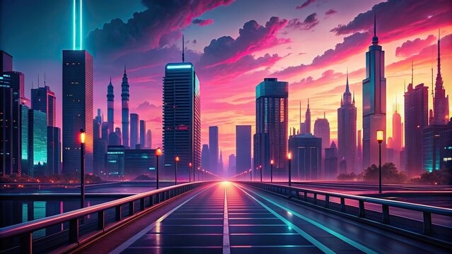 Moody neon-lit cityscape at dusk, empty road stretches to the horizon, retro-futuristic architecture and neon lights illuminate the dark, synthwave-inspired atmosphere.