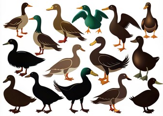 Naklejka premium Variety of duck silhouettes with different postures and angles, isolated on a clean white background, providing flexibility for design and composition projects.