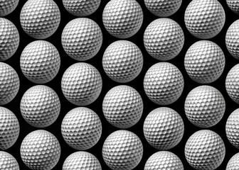 Black and white vector pattern featuring ordered rows of golf balls in varying sizes and rotations, creating a minimalist and modern graphic design element.