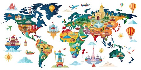 Vibrant, colorful illustration of a kid-friendly world map featuring iconic landmarks, animals, and popular tourist attractions on a soft, white background.