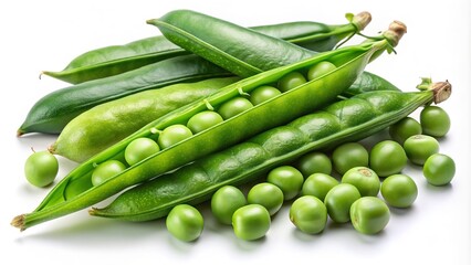 Fresh green peas in various forms, including intact pods, split open to reveal tender interiors, and loose individual peas, isolated on a transparent background.