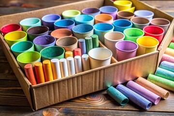 Vibrant, eco-friendly cardboard box filled with colorful, non-toxic, waxy pastel sticks in paper cups, perfect for artistic expression, writing, and drawing in educational settings.