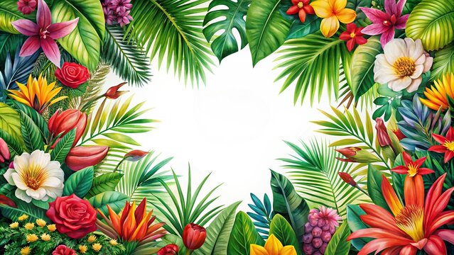 Vibrant tropical floral frame with exotic blooms, lush greenery, and subtle textures, ideal for festive and celebratory digital designs, invitations, and party decor.