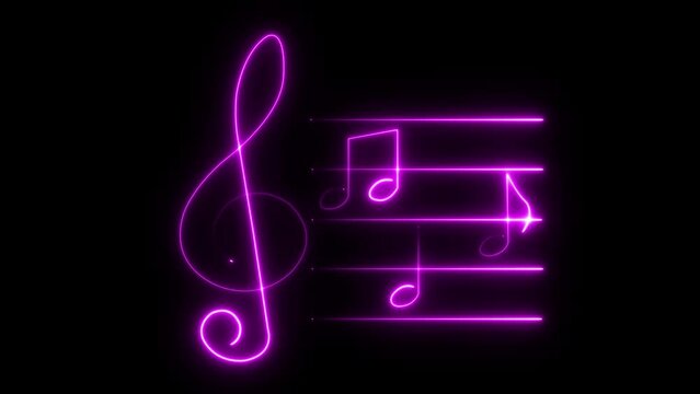 Neon music sheet. Line art. Musical symbols. Isolated on black background. Neon lines. Glowing music icons. Treble Clef. Music note. Musical notes. Music love. Melody, classical, sound design. 
