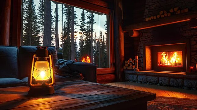 Lantern glowing in a cozy cabin room with a warm fireplace in a rustic setting
 Seamless looping 4k time-lapse virtual video animation background. Generated AI