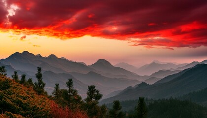 an ominous red skied landscape with views of mountains