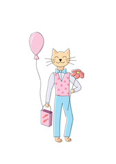 anthropomorphic ginger cat, fancy birthday kitten character with flower and balloon, vector illustration