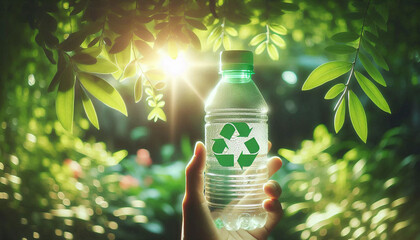 A person holding a recyclable plastic water bottle, promoting eco-consciousness and environmental responsibility.