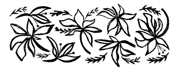 Fototapeta premium Trendy contemporary set with hand drawn flower shapes and leaves with textures. Vibrant boho print. Modern collage vector illustration