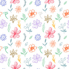 Multicolored floral seamless pattern for fabric design. Flowers in Japanese style black and white texture. Summer vector illustration. Abstract grunge texture. Hand drawn brush pattern.

