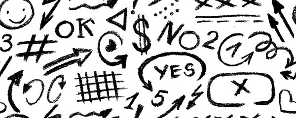 Seamless pattern with geometric shapes. White background with geometric figures like circles, arrows, triangles, squares and wavy lines. Abstract vector seamless pattern.