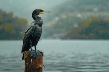 A bird is sitting on the top of a wooden post, possibly in a garden or yard