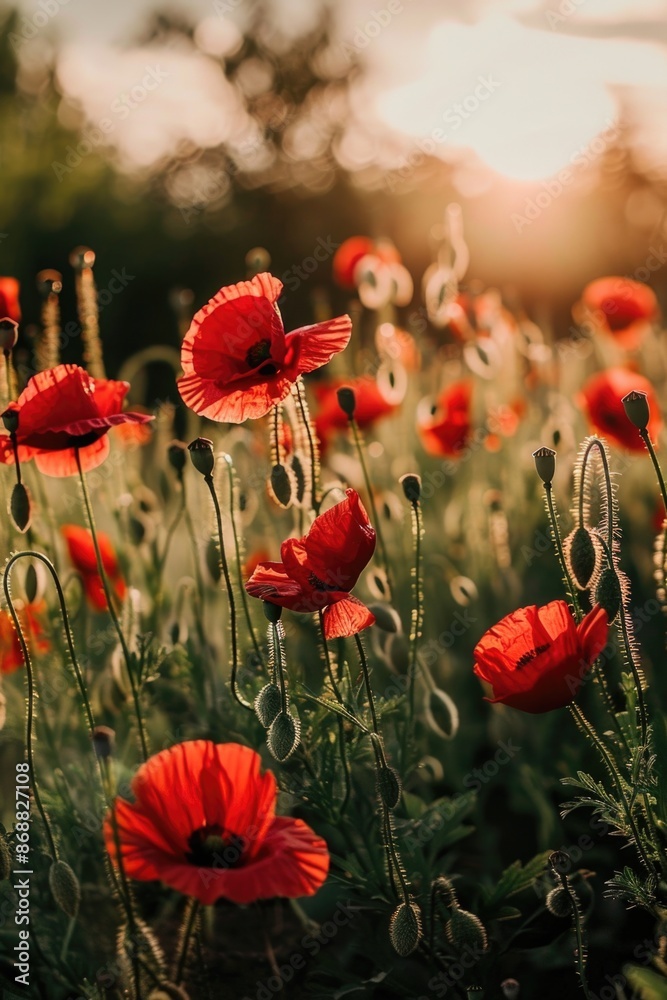 Poster A field of bright red poppies with the sun setting in the background, ideal for use in designs related to nature and tranquility