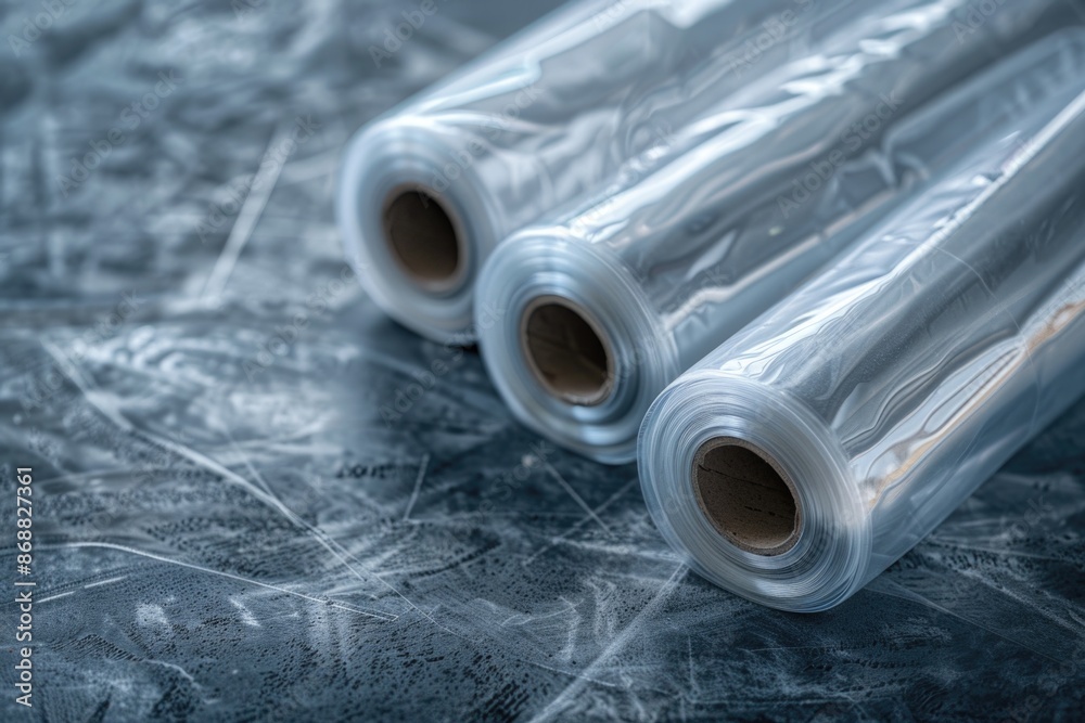 Poster two clear plastic rolls sitting on a table, suitable for use in product photography or as a prop in 