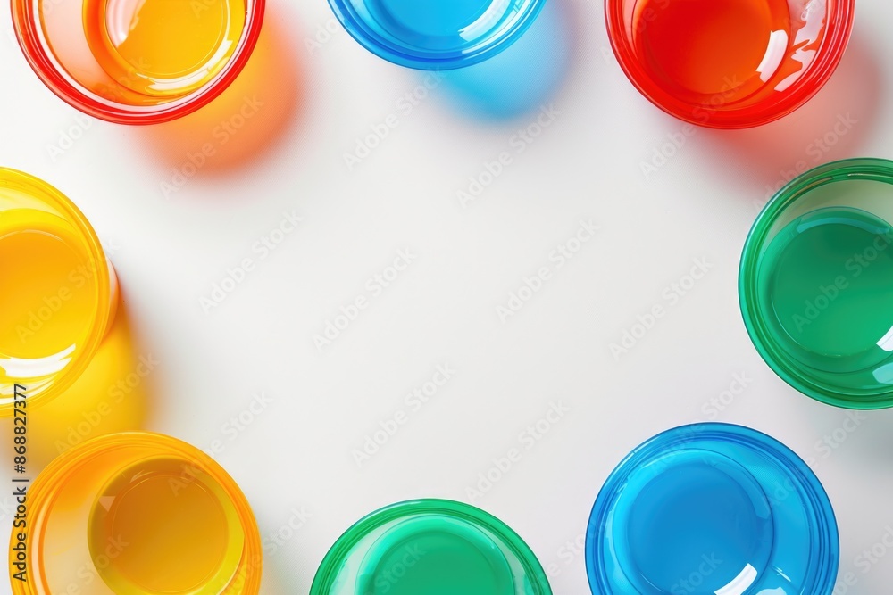 Poster a group of vibrant cups arranged on a clean white surface, perfect for highlighting bright colors or