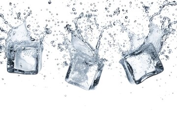 Three ice cubes splashing into a glass of water