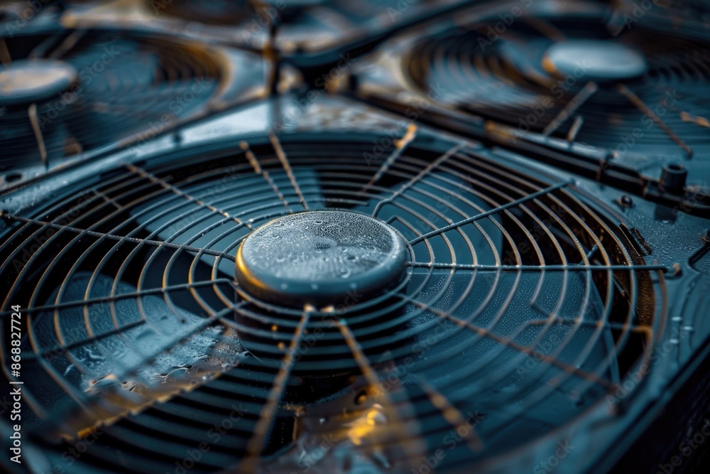 Poster a close-up view of a fan sitting on top of a stove, possibly in use for ventilation