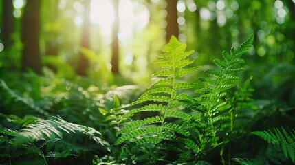 A close-up shot of a fern plant growing in a dense forest environment