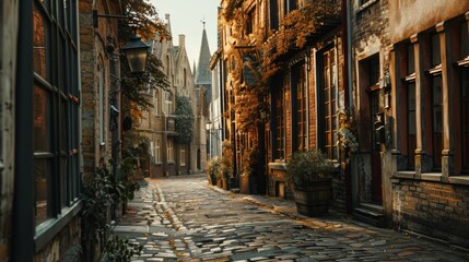 A picturesque narrow street lined with charming historic buildings adorned with autumn leaves, creating a cozy and inviting atmosphere reminiscent of old European towns.