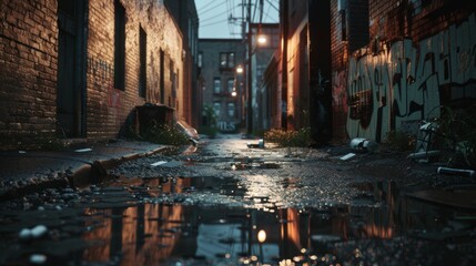 A lit urban alley at night, reflecting off the wet ground, encompassed by brick walls and graffiti, showcasing a dramatic, rainy atmosphere with scattered trash.