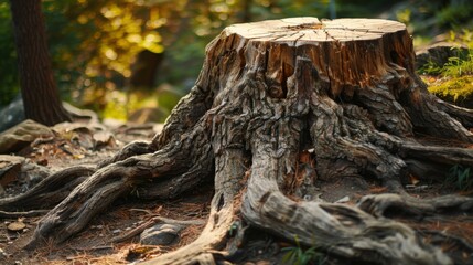 Fototapeta premium A tree stump with complex, sprawling roots nestled in a forest setting, bathed in a warm light that highlights the intricate textures and natural beauty of the wood.
