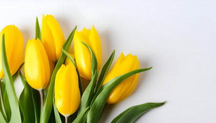 Yellow Tulips With Green Stems on White Background