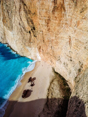 Aerial view over the famous Navagio beach (Shipwreck beach) in Zakynthos island, Greece