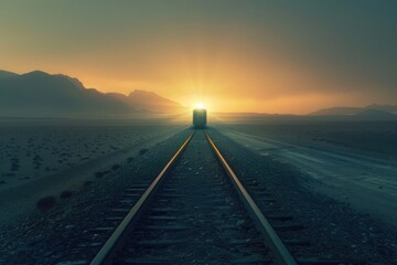 A train travels along desert tracks, with cacti and sand dunes in the background