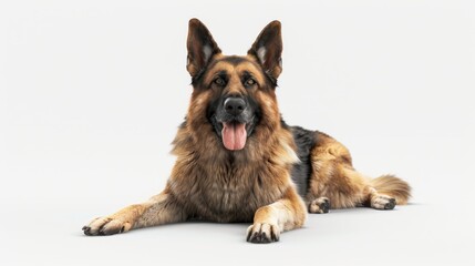 Fototapeta premium A German Shepherd lying down on a clean white surface
