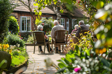 senior friends sitting in a garden