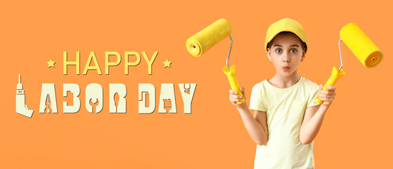 Little girl with paint rollers on color background