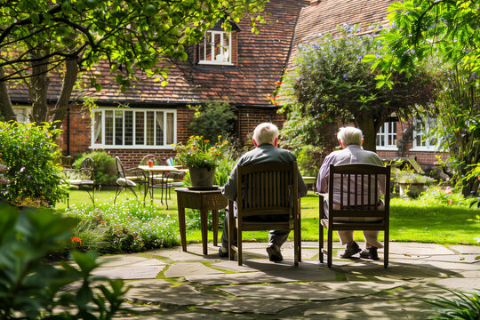senior friends sitting in a garden