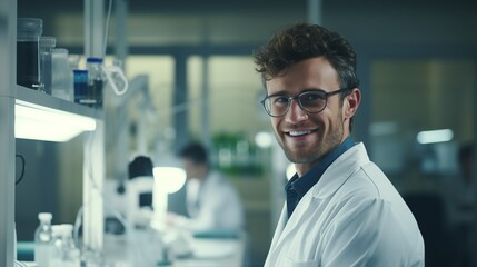 Fototapeta premium Smiling male scientist in laboratory with glasses.