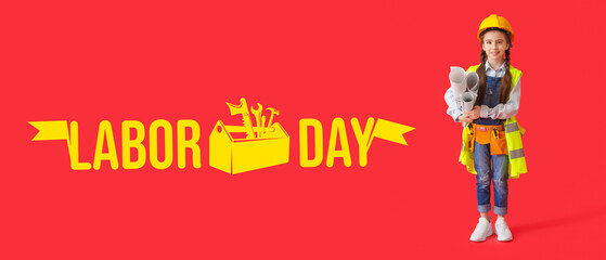 Cute little architect on color background