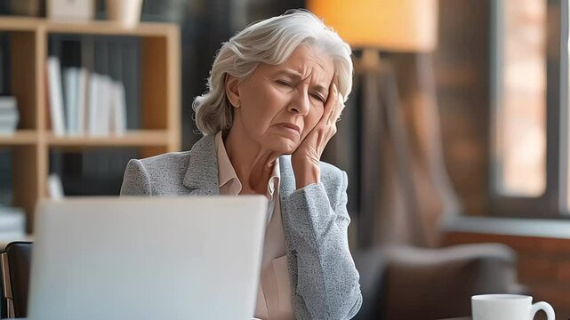 Business woman, headache and stress on computer for deadline, mistake or error of human resource payroll. Mature worker or boss on laptop with migraine, pain or health risk in career, job and office