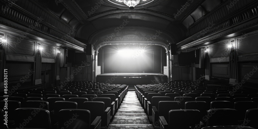 Poster a black and white photo of an empty theater with rows of seats and a stage